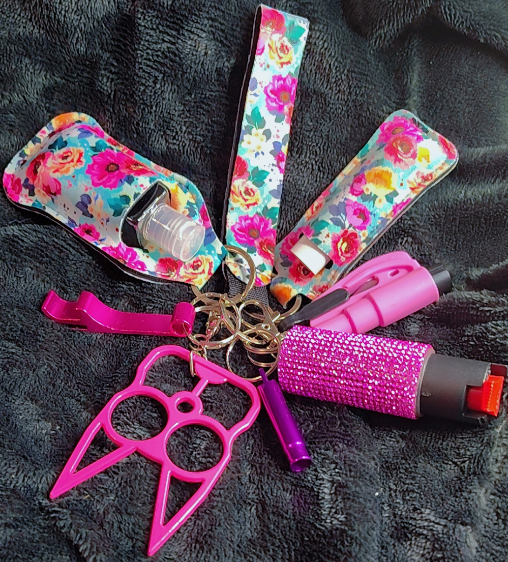 Pink Flowers Defense Keychain Set